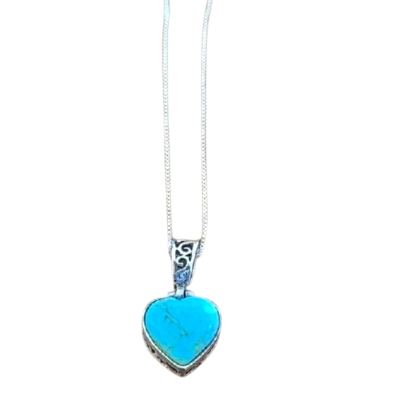 Turquoise Heart Pendant Necklace 925 Sterling Silver Setting & 19" Silver Chain - Picture 3 of 7